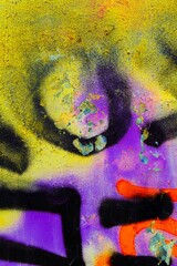 Urban graffiti art featuring neon yellow, purple spray on textured surface. Neon, vibrant colors, psychedelic vibe. Posters, digital art, modern street visuals, creative banner, 2000s Y2K influence.