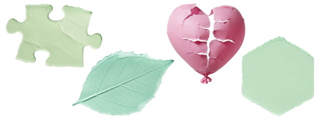 Collage of green puzzle piece, green leaf, cracked pink heart balloon, and green hexagon shape