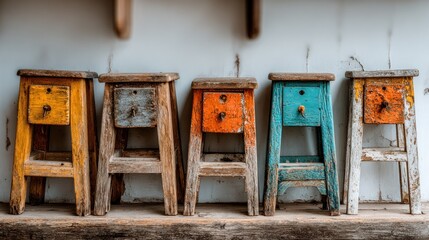 Five colorful weathered stools with small drawers against a muted wall