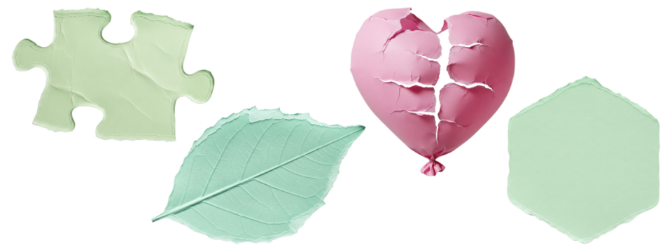 Collage of green puzzle piece, green leaf, cracked pink heart balloon, and green hexagon shape