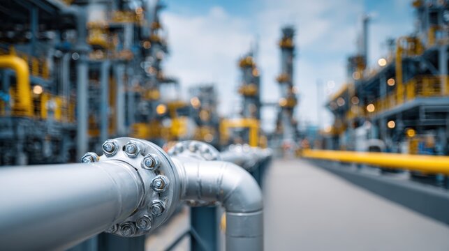 Sharp focus on vapor condensation pipes at a carbon capture installation with outoffocus machinery behind showcasing the facilitys active gas processing components.