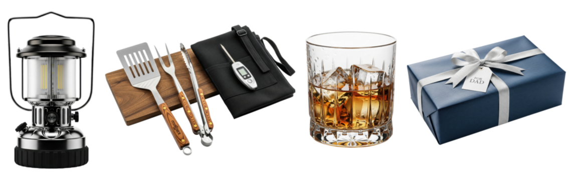 Collage of camping lantern, barbecue grilling tool set, glass of whiskey with ice, and blue gift box with ribbon