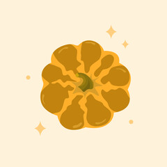 Cute illustration of a round brown pumpkin with wavy orange stripes in warm pastel colors on a light background. View from above. Ideal for autumn, harvest and Thanksgiving themed designs, poster