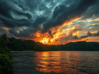Fiery sunset breaks through dark storm clouds over a tranquil tropical river, casting a vibrant orange glow on the water.