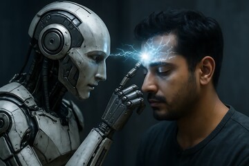 A robot transfering its memorey in human showing Ai new era 