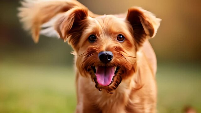 A cheerful golden dog is running freely through a grass field, showcasing pure joy and vitality in its playful antics against a beautiful natural backdrop of autumn colors.