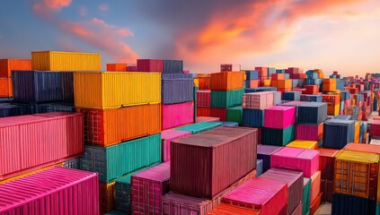Fototapeta premium Colorful Stacked Shipping Containers At Sunset