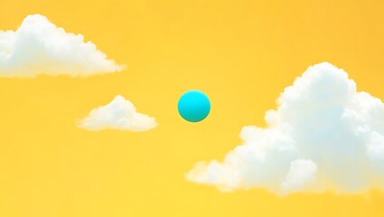 Surreal Yellow Sky with Floating Blue Sphere and Cumulus Clouds Dreamlike and Abstract Artistic Rendering