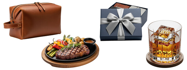 Collage of brown leather toiletry bag, grilled steak with vegetables, gift box with ribbon, and whiskey glass with “Cheers Dad” ice cube