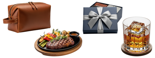 Collage of brown leather toiletry bag, grilled steak with vegetables, gift box with ribbon, and whiskey glass with “Cheers Dad” ice cube