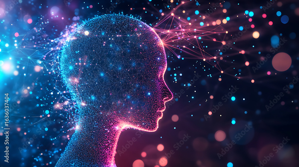 Aufkleber artificial intelligence, human head connecting with digital network data flow