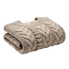 Beige cable knit sweater folded neatly on transparent background