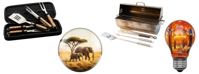 Collage of barbecue grilling tool set, glass orb with elephants on savanna, portable barbecue grill with utensils, and light bulb with autumn park scene