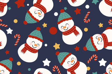 christmas seamless pattern with snowman and snowflakes
