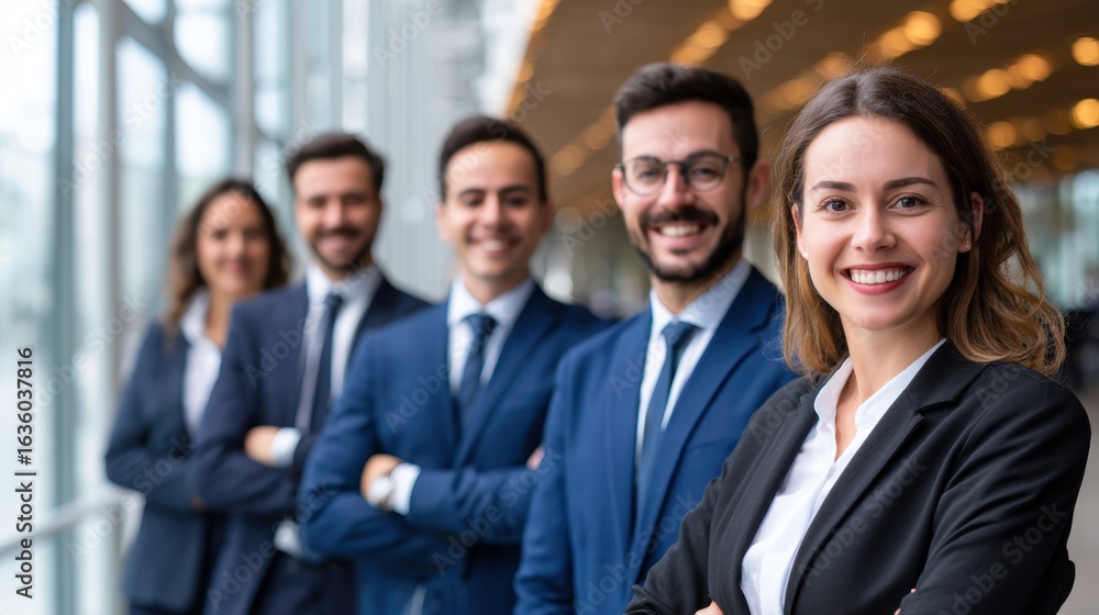 Poster group of smiling professionals in suits standing confidently in a modern office setting with bright 