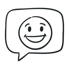 Fototapeta premium Smiling face emoji inside speech bubble drawing: simple black and white outline. Vector illustration