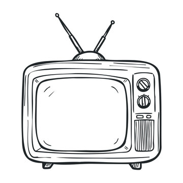 Vintage retro television with antennas and knobs sketch in black and white. Vector illustration