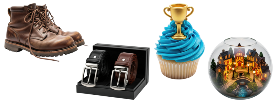 Collage of brown leather boots, gift set of black and brown belts, cupcake with gold trophy topper, and glass orb with miniature illuminated village