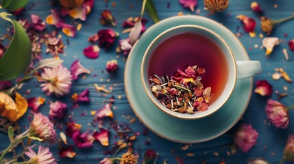 floral tea composition with cup and dried petals top view