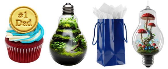 Collage of “#1 Dad” gold medal cupcake, light bulb terrarium with plants, blue gift bag with tissue paper, and light bulb with fantasy mushrooms