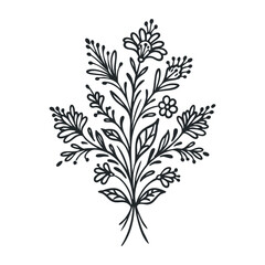 Intricate black floral design with leaves and blossoms in line art style. Vector illustration