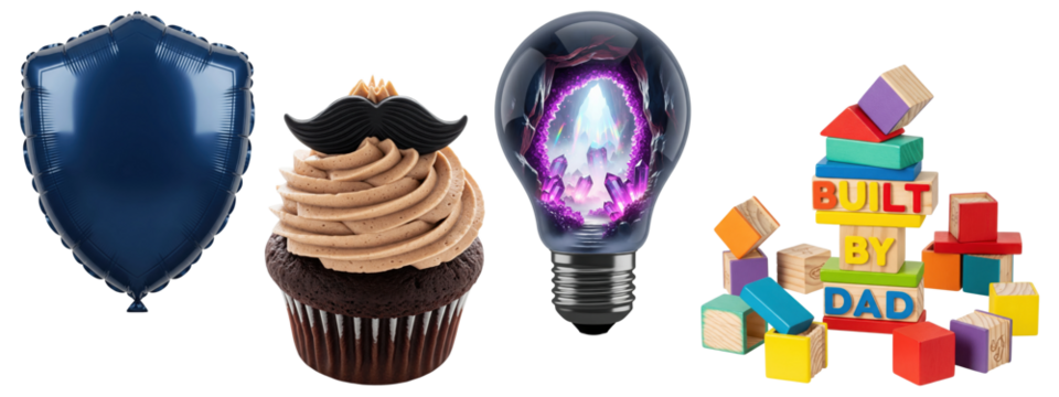 Set of blue shield balloon, chocolate cupcake with mustache topper, fantasy crystal scene inside light bulb, and colorful wooden building blocks with "Built by Dad" text