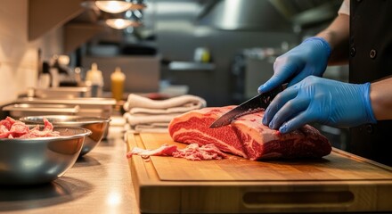Artisanal Butchery: Chef's Gloved Hands Slicing a Prime Marbled Beef Cut