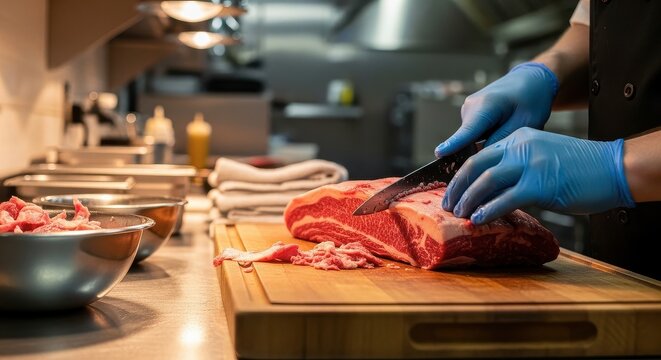 Artisanal Butchery: Chef's Gloved Hands Slicing a Prime Marbled Beef Cut