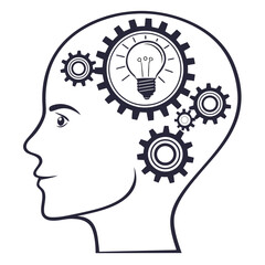 A head with gears and a light bulb inside, isolated on white background