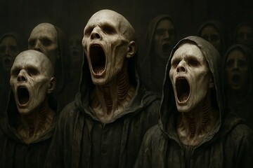 A group of eyeless figures in tattered robes, their mouths stretched impossibly wide as they sing a silent, bone-chilling hymn. Their necks are lined with gill-like slits that flutter with each note.