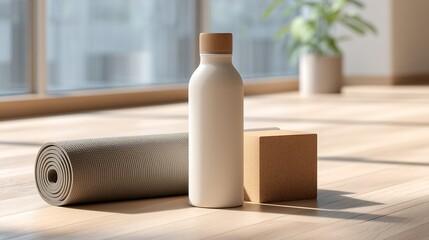 Blank white water bottle mockup on a yoga mat in a bright fitness studio