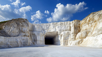 Chalk cliffs and tunnel entrance dominating industrial landscape under blue sky