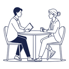 A man and a woman are sitting at a table having a business meeting or job interview, isolated on white background