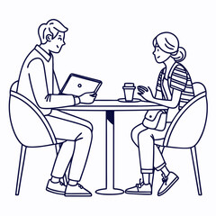 A man and woman are sitting at a table in a cafe, working on a laptop and drinking coffee
