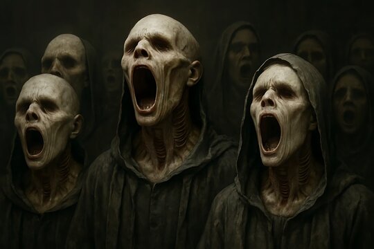A group of eyeless figures in tattered robes, their mouths stretched impossibly wide as they sing a silent, bone-chilling hymn. Their necks are lined with gill-like slits that flutter with each note.