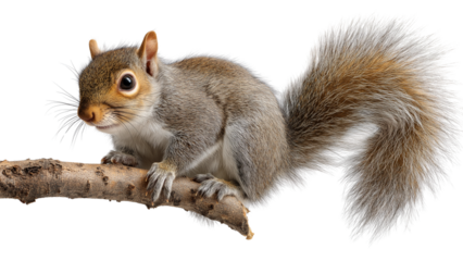 Cute squirrel sitting on tree branch with fluffy tail and focused eyes, side view full body animal photo white background 4k image