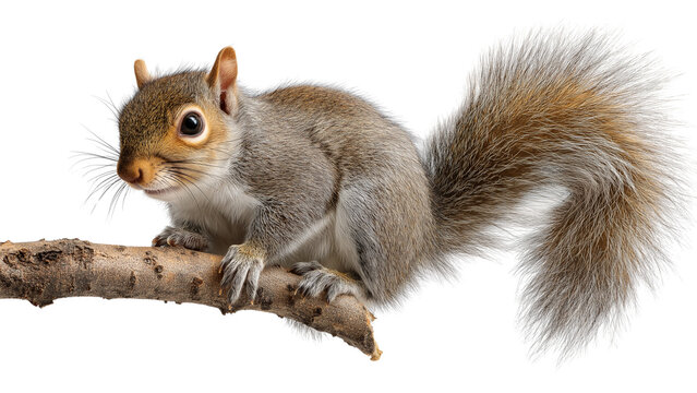 Cute squirrel sitting on tree branch with fluffy tail and focused eyes, side view full body animal photo white background 4k image