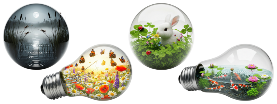Whimsical light bulb terrarium collection with moonlit lake scene, butterfly meadow in bloom, white rabbit in clover field, and koi pond with lotus flowers - Powered by Adobe