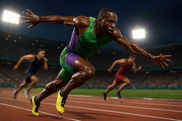 Afro male sprinter crossing 100m finish line with explosive energy and full-body tension. Concept of speed, victory, summer games, emotional climax, and elite sprint competition.