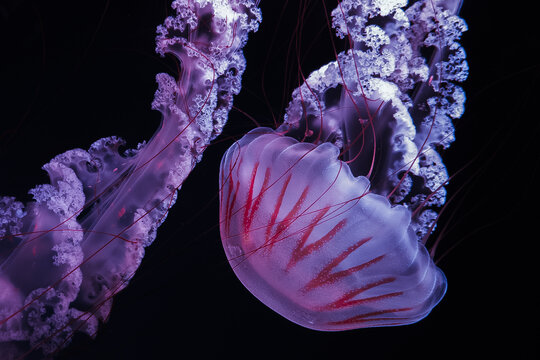 Close-up of a purple-lit jellyfish with red stripes and tentacles floating gracefully in dark water