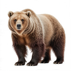 Fototapeta premium Majestic Grizzly Bear Portrait: A formidable grizzly bear stands in a striking frontal pose, its gaze direct and intense, showcasing the raw power and captivating presence of this iconic species. 
