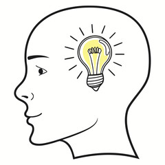 Head with light bulb radiating light isolated on white background, representing idea, innovation, and creative thinking