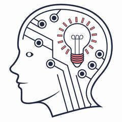 Human head with circuit and lightbulb representing idea generation isolated on white background