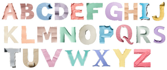 Colorful torn paper alphabet letters A to Z, multicolor uppercase set with ripped edges