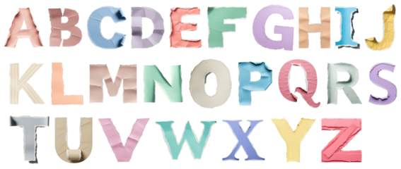 Colorful torn paper alphabet letters A to Z, multicolor uppercase set with ripped edges