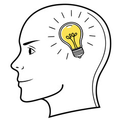 Illustration of a head with a light bulb inside, symbolizing idea generation and creative thinking isolated on white background