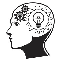 Illustration of a head with gears and a lightbulb, representing the thinking process isolated on white background