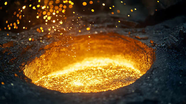 Molten metal pouring in foundry crucible with sparks flying