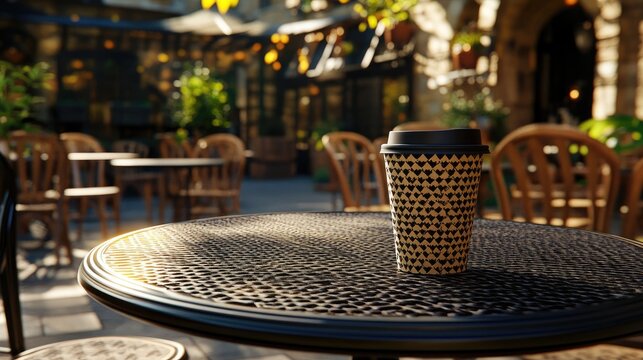 A disposable coffee cup sits on a round, dark metal table in a sun-drenched outdoor caf? setting. Rustic architecture and plants form a blurred background