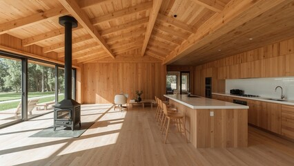 Modern wooden interior design showcasing a kitchen and living space with a fireplace and large windows embracing natural light